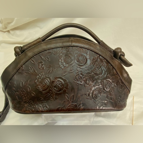Retro Tooled Coffee Brown Leather Cowhide Two-Way Handbag Adjustable Strap EUC - Picture 4 of 16